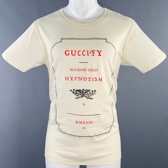 GUCCI Size S Guccify Hypnotism Cream Red Black Print Cotton Crew Neck T-shirt - Picture 1 of 10